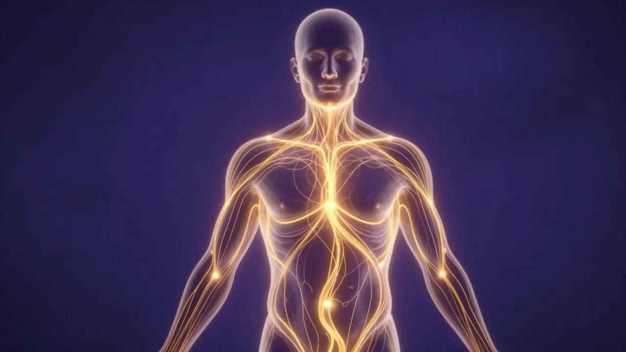 Abstract illustration of glowing golden Sen energy lines on a body