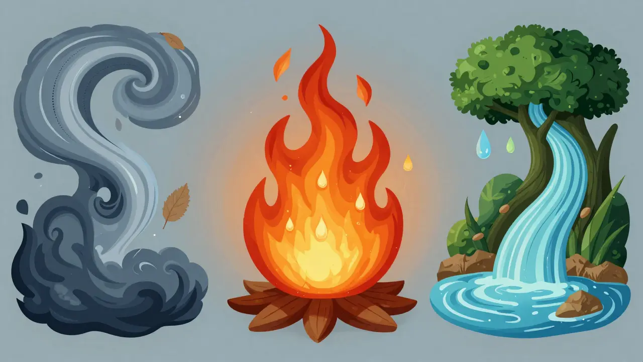 Artistic representation of Vata, Pitta, and Kapha doshas