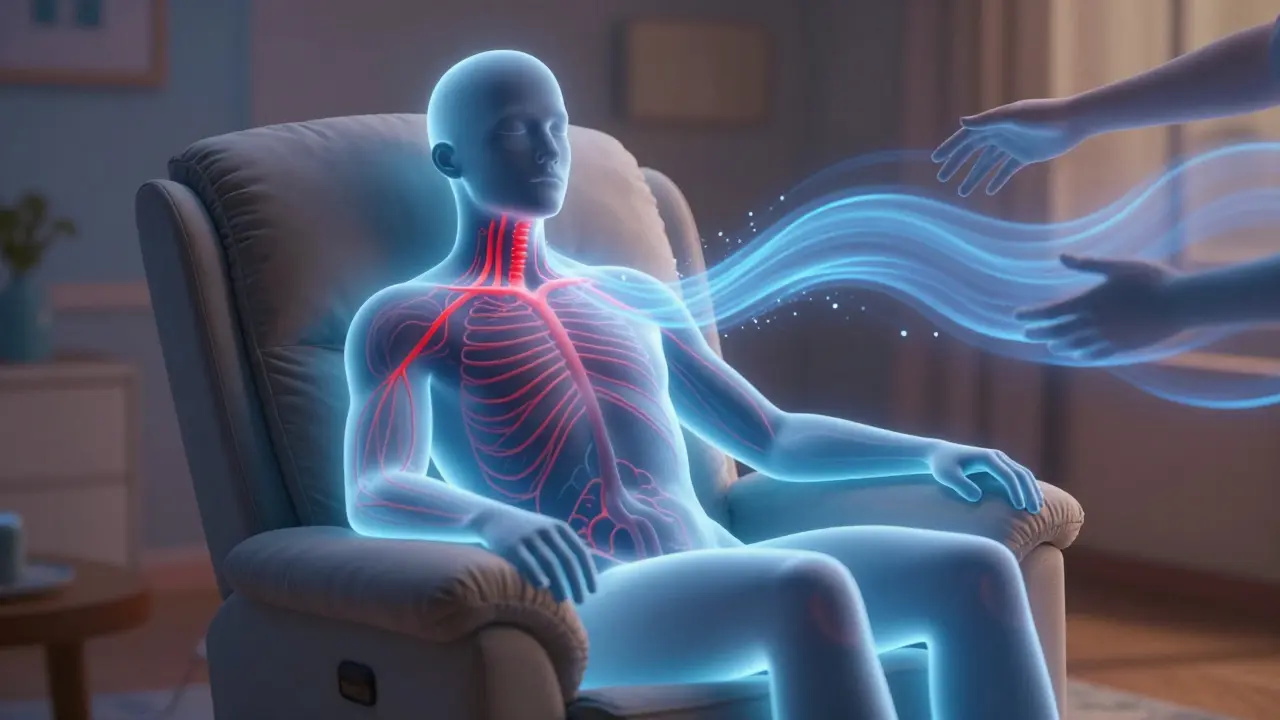 Artistic visualization of stress dissolving into calm within a human silhouette