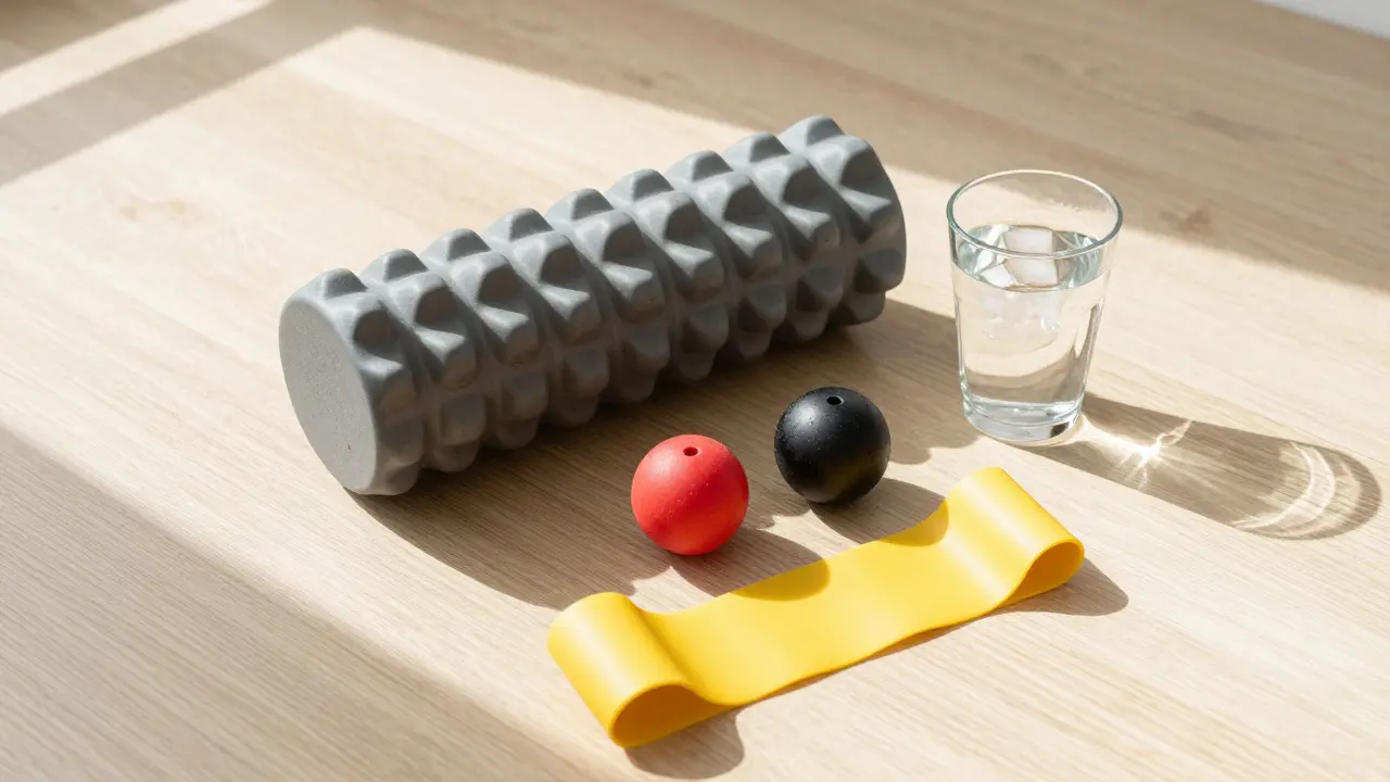Foam roller, lacrosse balls, resistance band, and water glass arranged on a wooden surface for self-care.
