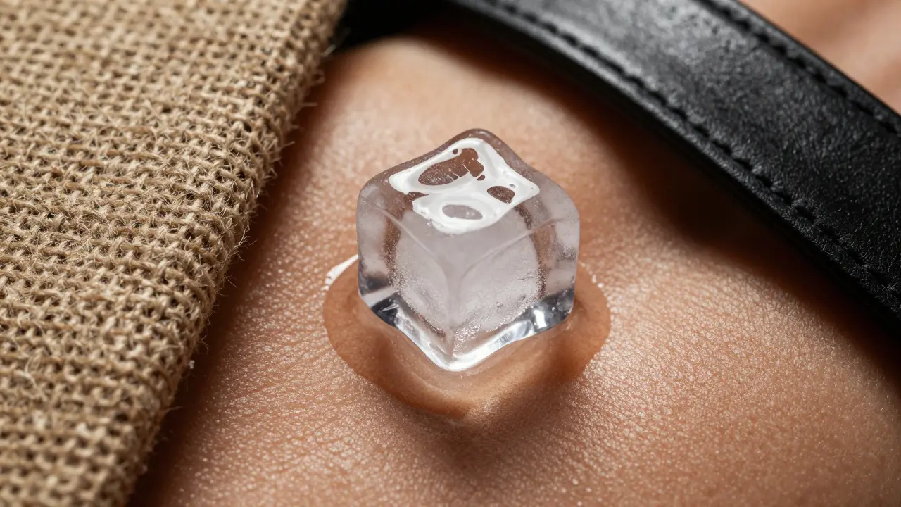 Ice cube on skin contrasting with leather and fabric, showing sensory play concepts.