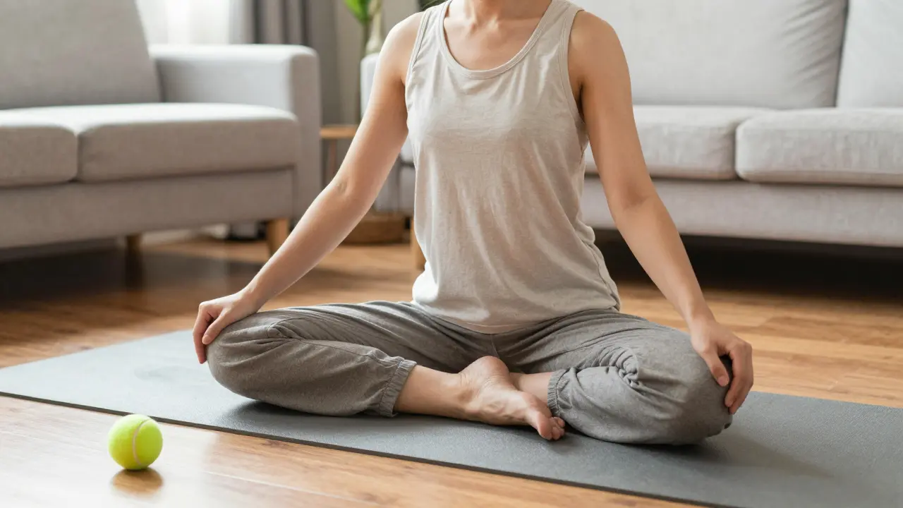 Person doing a gentle Thai-inspired stretch at home in sunlight