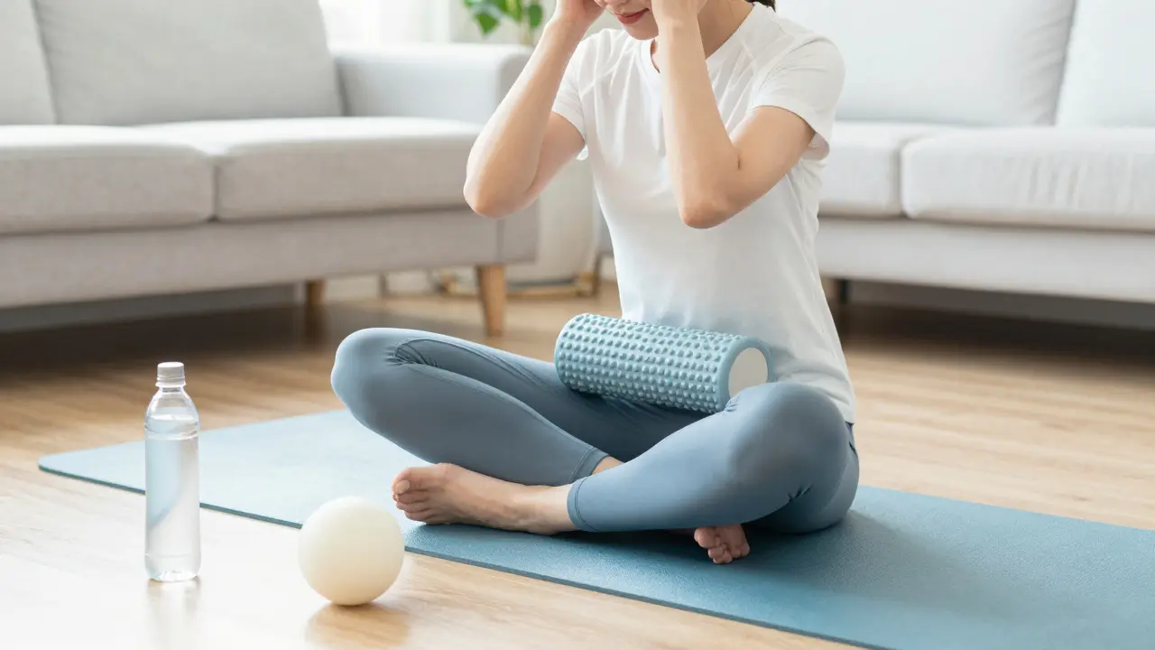 Person using a foam roller for self-release in a bright room.