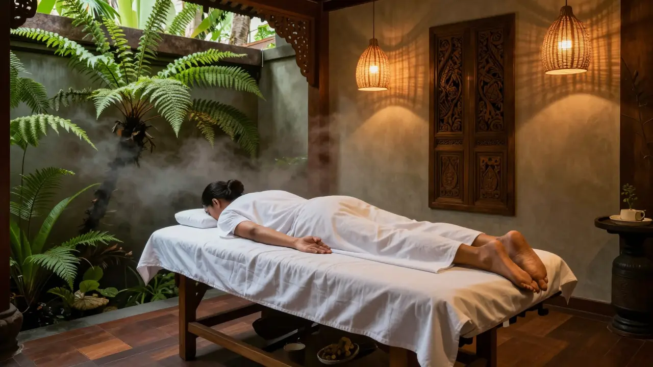 Relaxed person on a massage table in a lush, dimly lit Balinese wellness room
