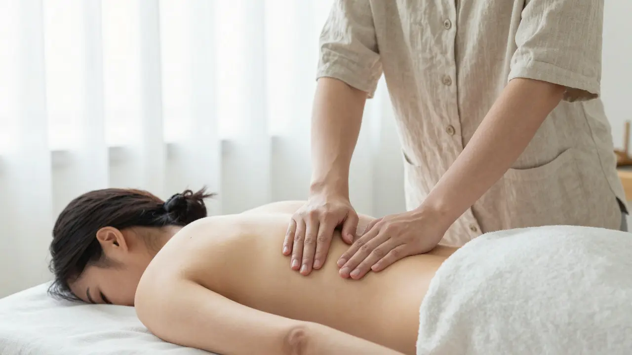 Therapist applying gentle, sustained pressure to a client's back in a calm, sunlit therapy room.