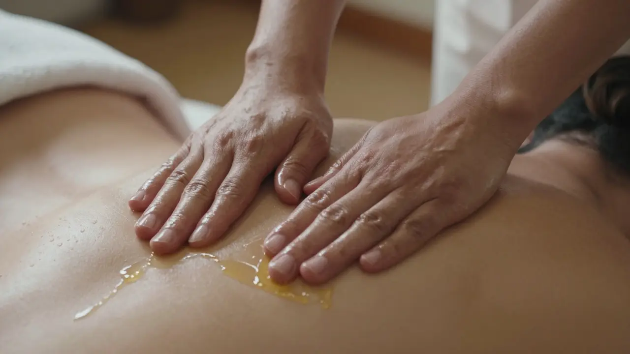 Therapist applying warm oil during an abhyanga massage