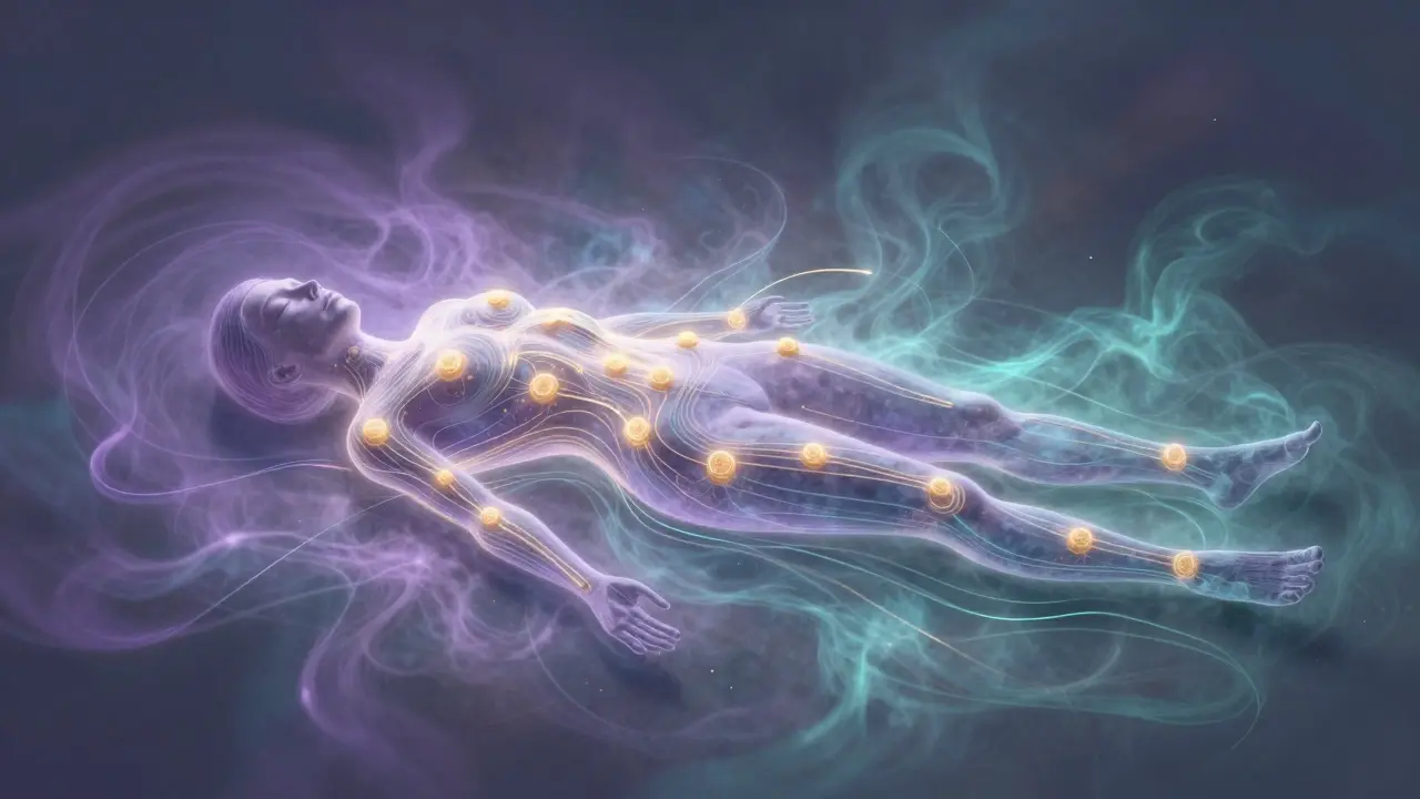 Abstract visualization of energy flow and stretching in holistic therapy