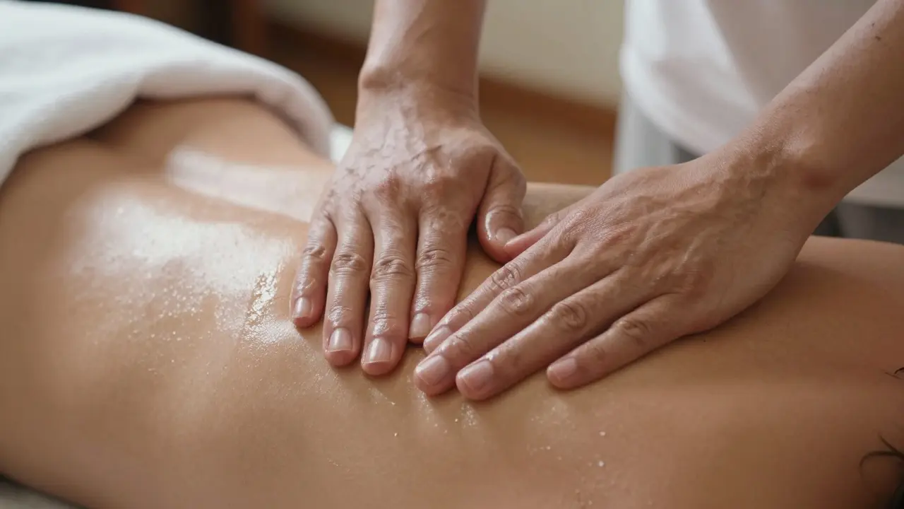 Close-up of hands applying warm oil during a rhythmic massage session