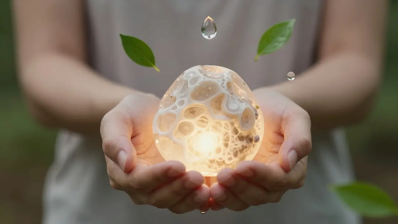 Hands holding a glowing stone surrounded by nature elements for grounding