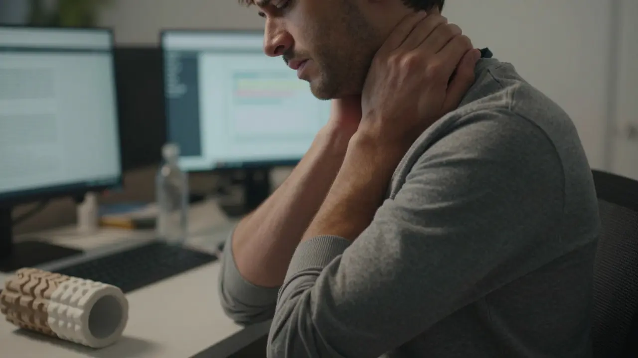 Office worker holding neck in pain from tech neck at desk