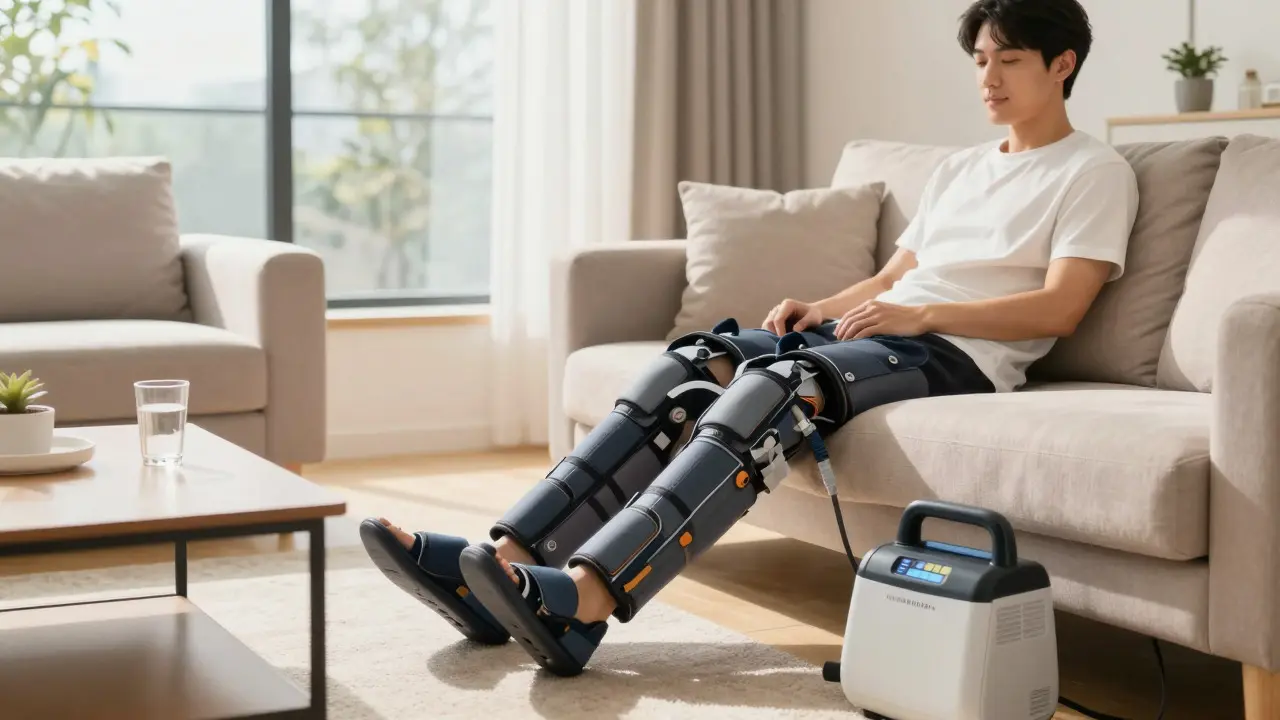 Person relaxing at home using leg compression sleeves