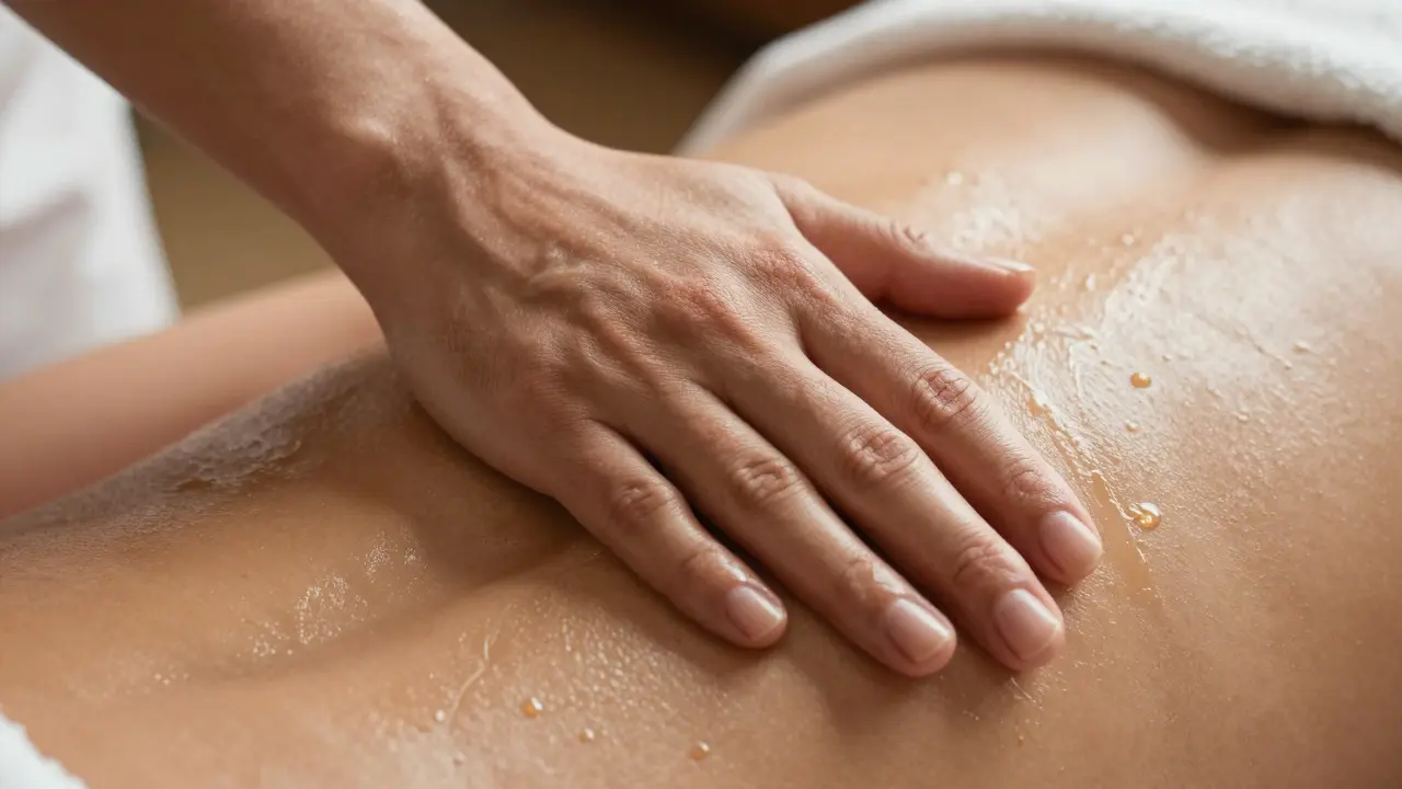 Therapist's forearm gliding smoothly over oiled skin