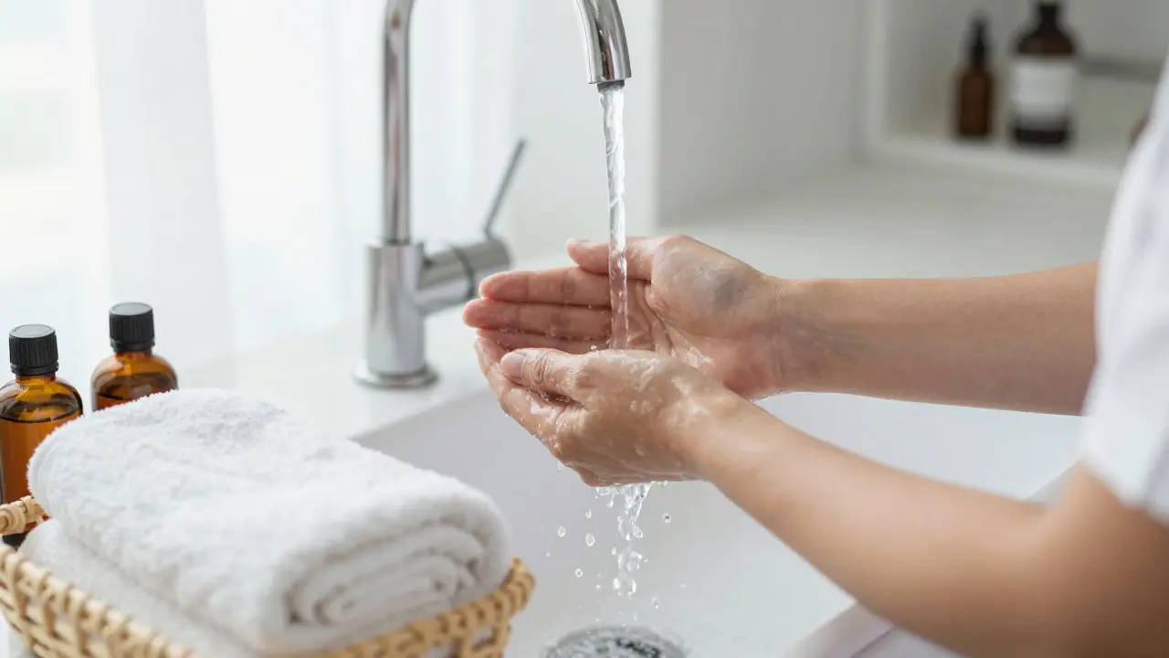 Therapist washing hands to demonstrate hygiene standards