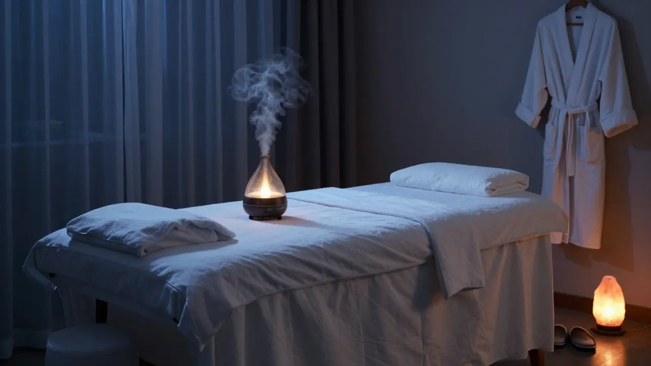Tranquil bedroom with diffuser and massage table at night