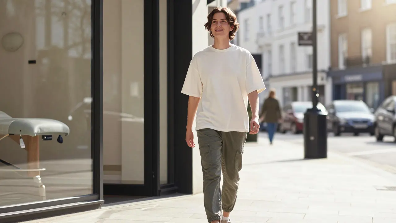 A person walking confidently outside a studio, appearing relaxed and energetic after a therapy session.