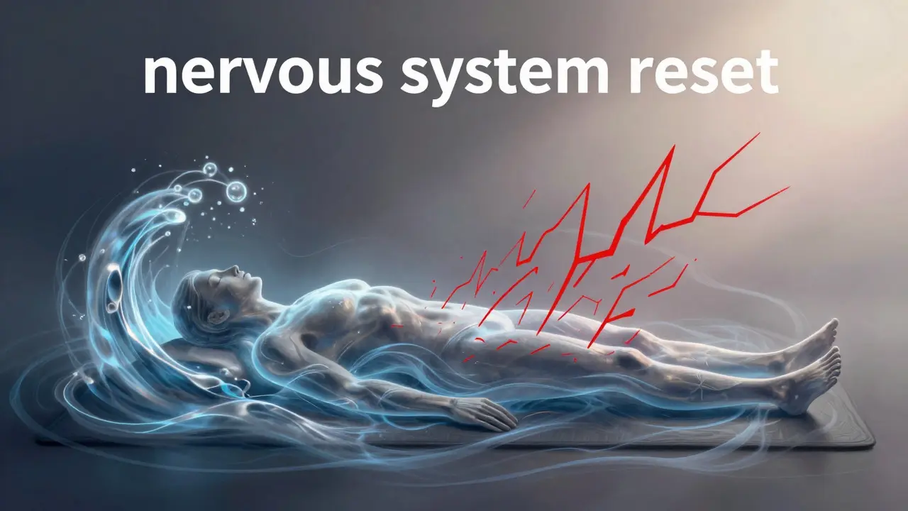 Abstract illustration of blue energy waves dissolving red tension lines around a resting human figure.