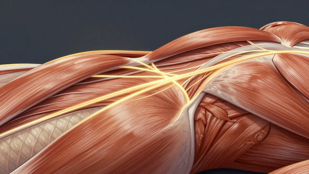 Abstract illustration of muscle fibers releasing tension and healing