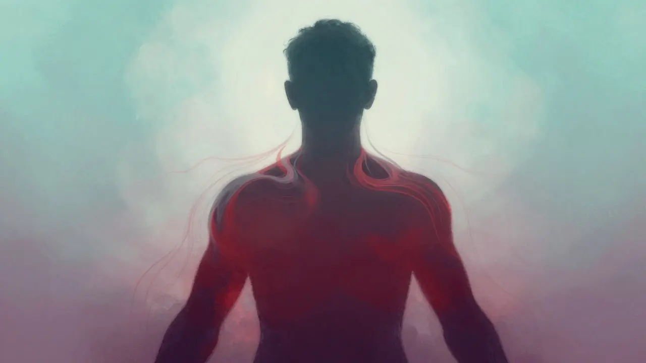 Abstract illustration showing tension releasing from a seated figure's shoulders in calming colors.