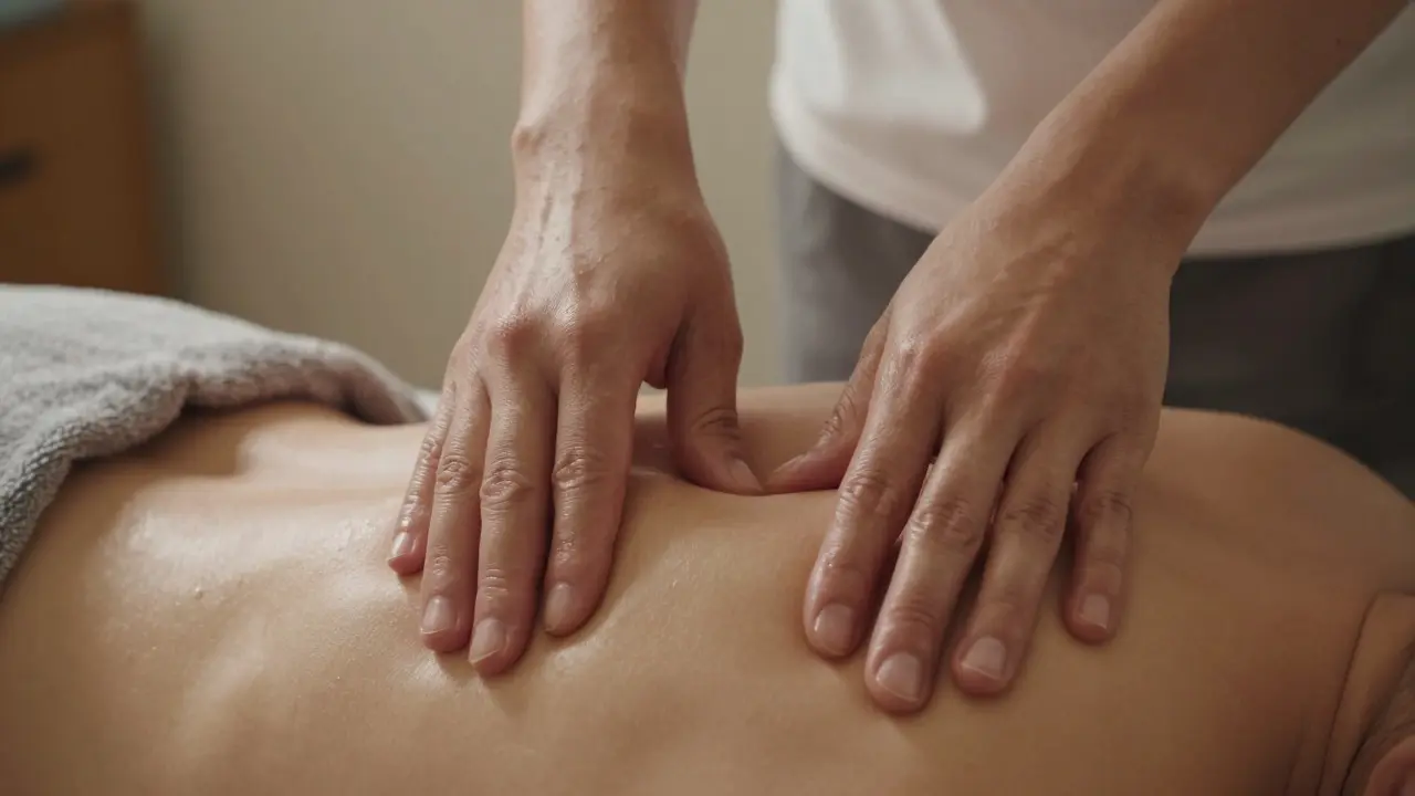 Close-up of a therapist's hands applying pressure to a client's shoulders during a chair massage.
