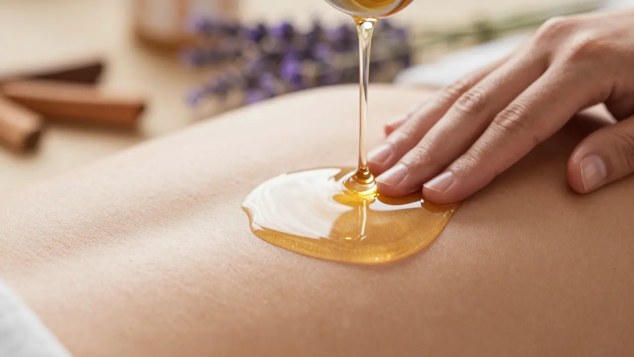 Close-up of warm massage oil being poured onto skin