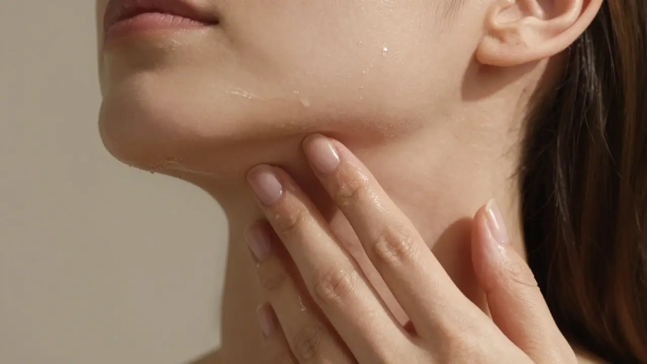 Hands applying a clear gel to the jawline for lymphatic massage