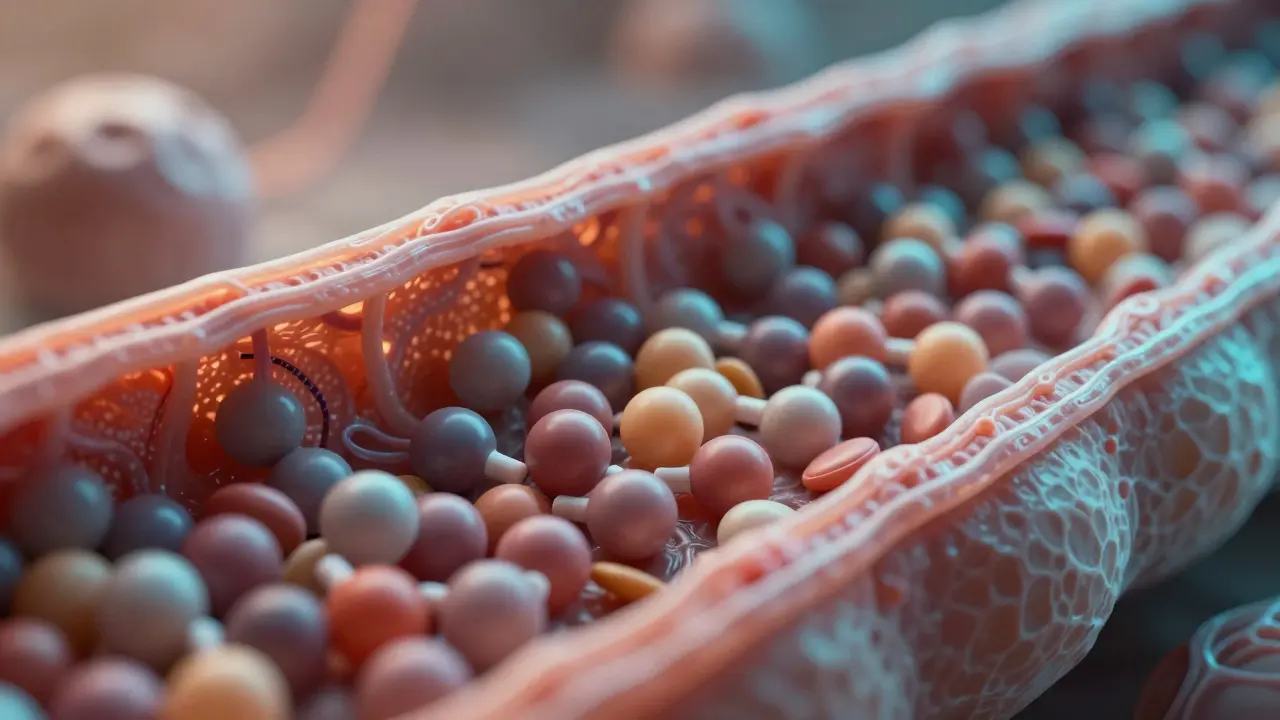 Macro view of glucose and fats converting to energy inside muscle cell mitochondria.
