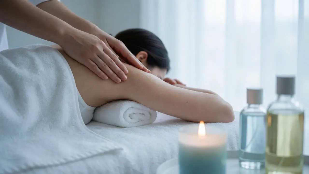 Person receiving a shoulder massage with oil in a bright, serene home spa setting.