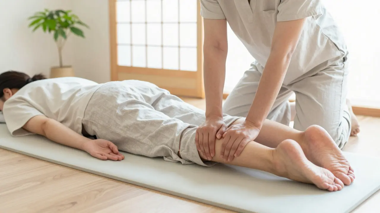 Person receiving Amma massage on a firm mat in a minimalist wellness studio