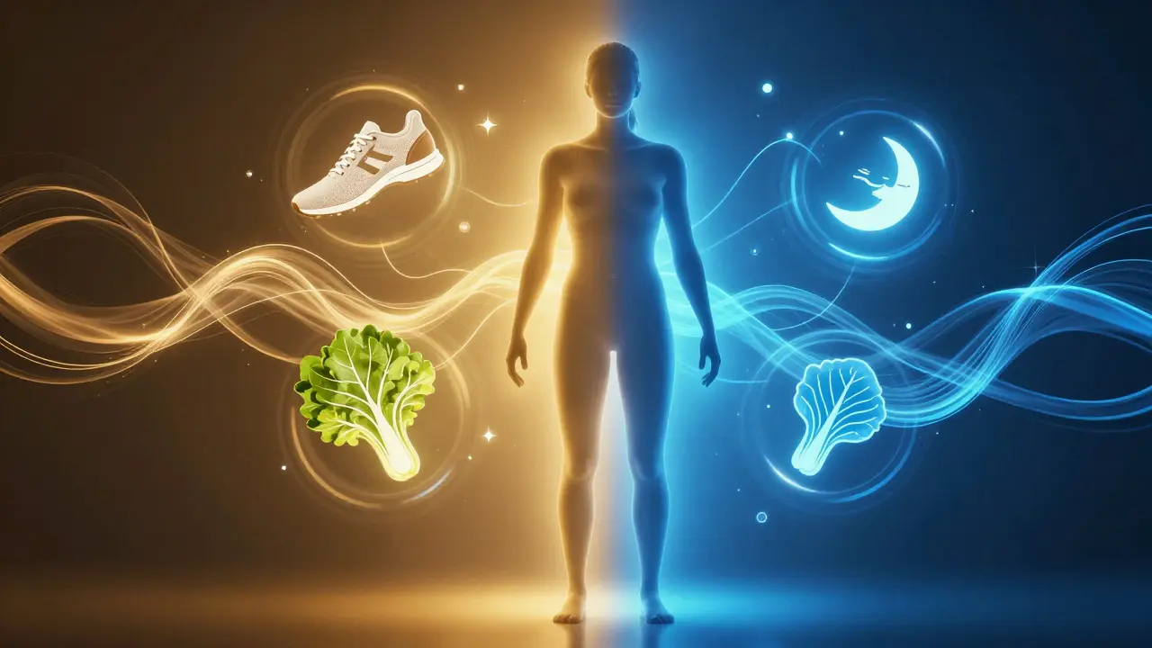 Silhouette balancing fat and glucose energy sources with healthy lifestyle symbols.