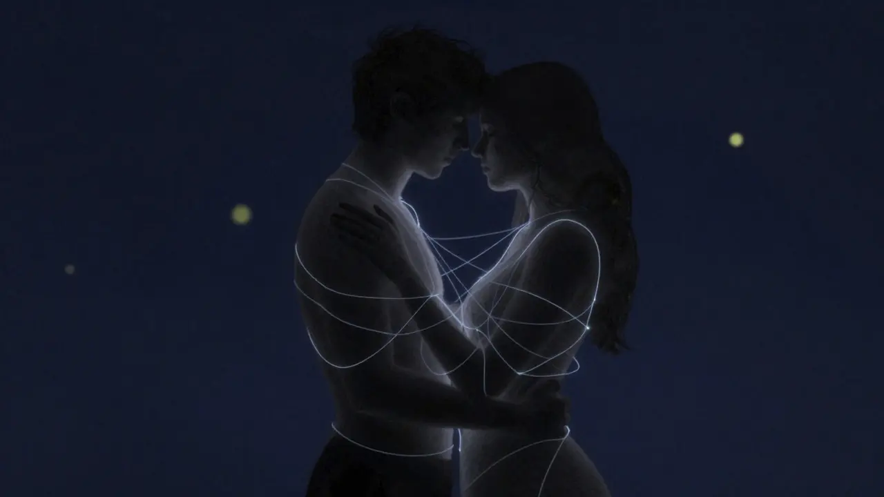 Silhouettes of couple embracing with glowing connection lines