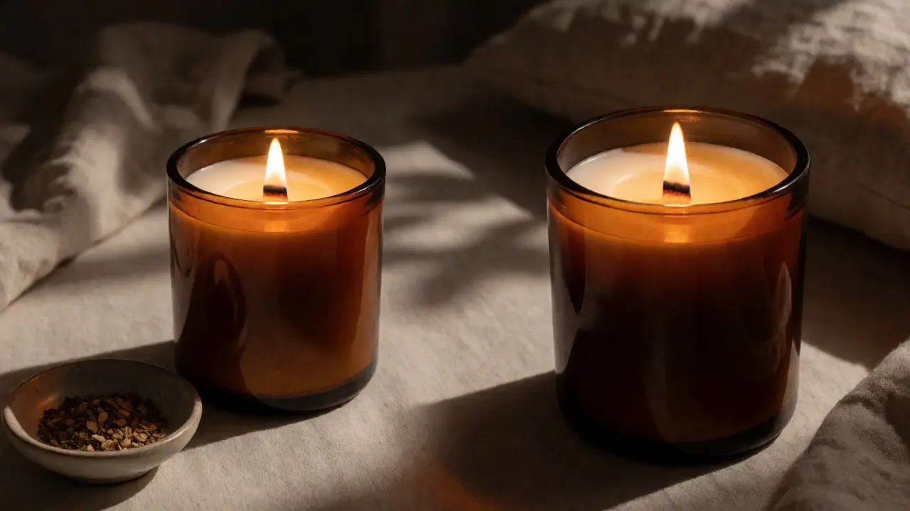 Soy wax candle with a wooden wick glowing warmly next to essential oil blends in a dim room.