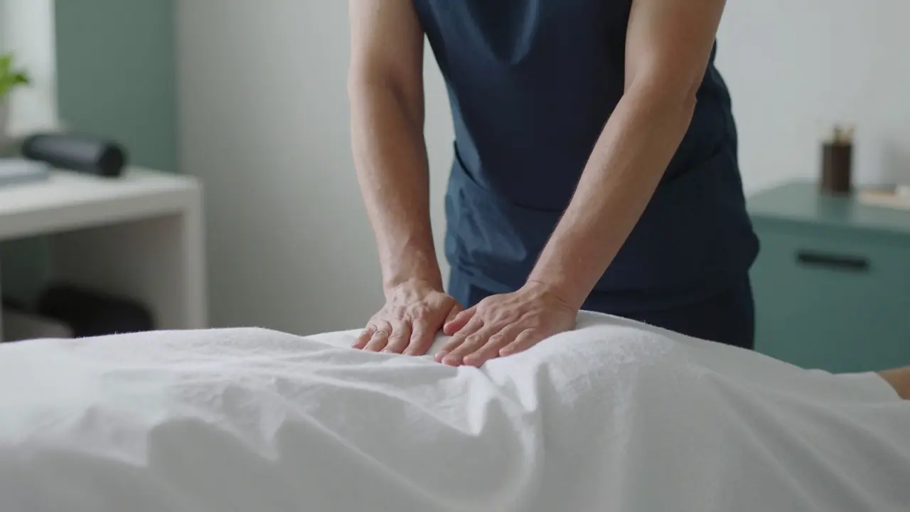 Therapist performing deep tissue massage on patient's back