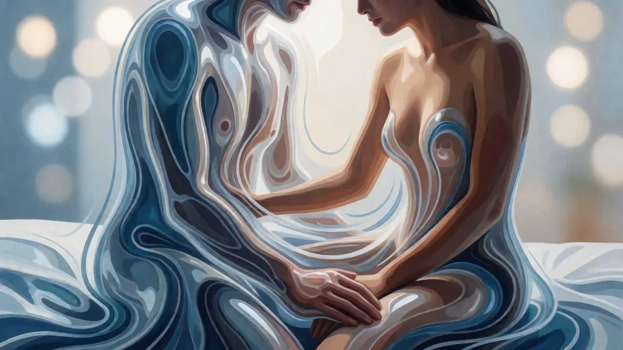Abstract artistic depiction of two figures sliding together with glossy gel