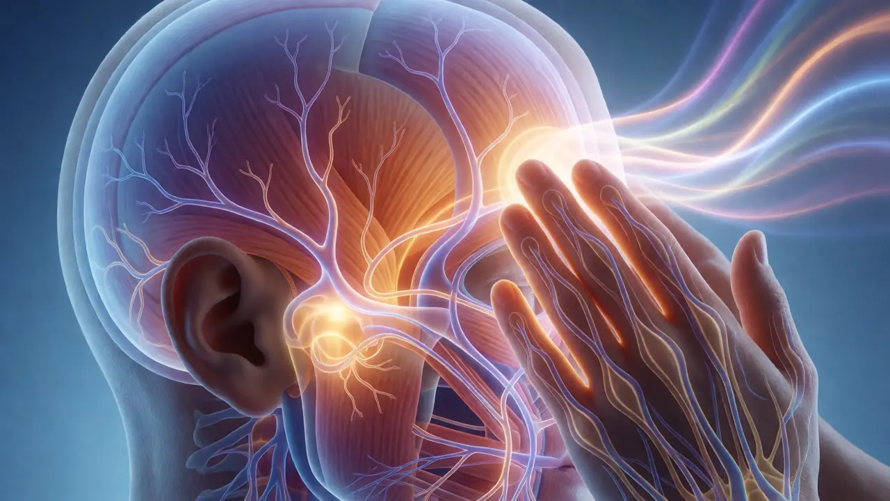 Abstract visualization of scalp massage blocking pain nerves