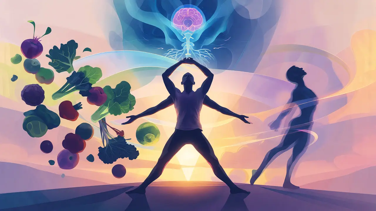 Artistic depiction of the holistic triangle: energy work, alkaline diet, and mindful movement.