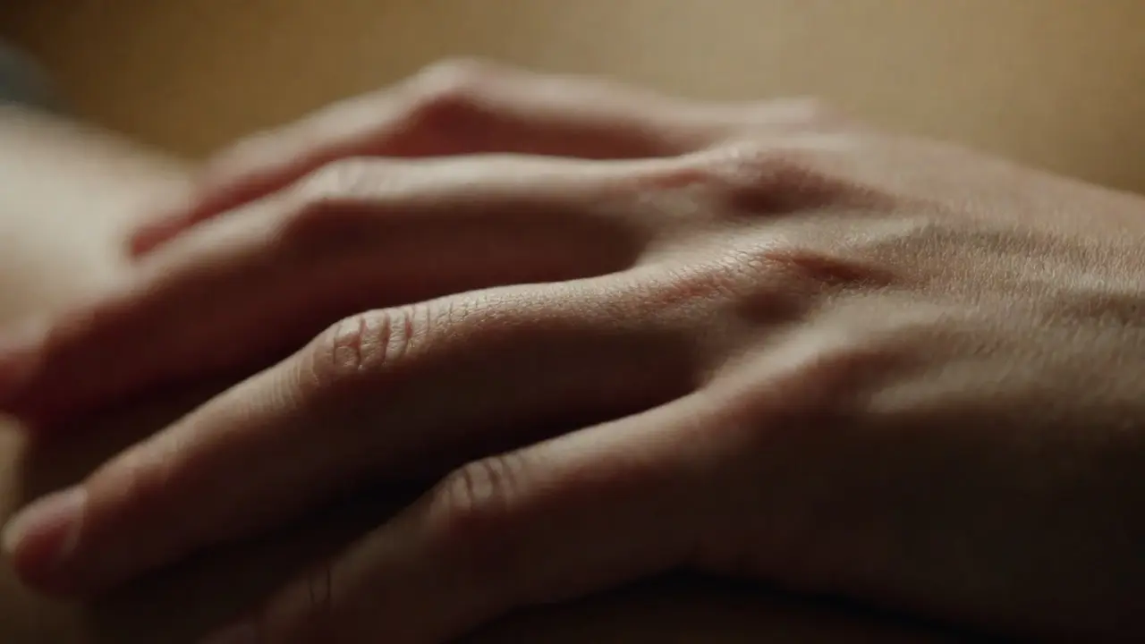 Close-up of a hand gently applying oil to skin during a mindful self-massage session.
