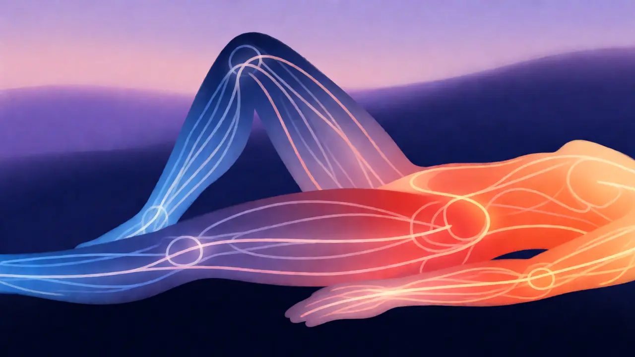 Conceptual illustration of glowing nerve signals and blood flow in a resting body.