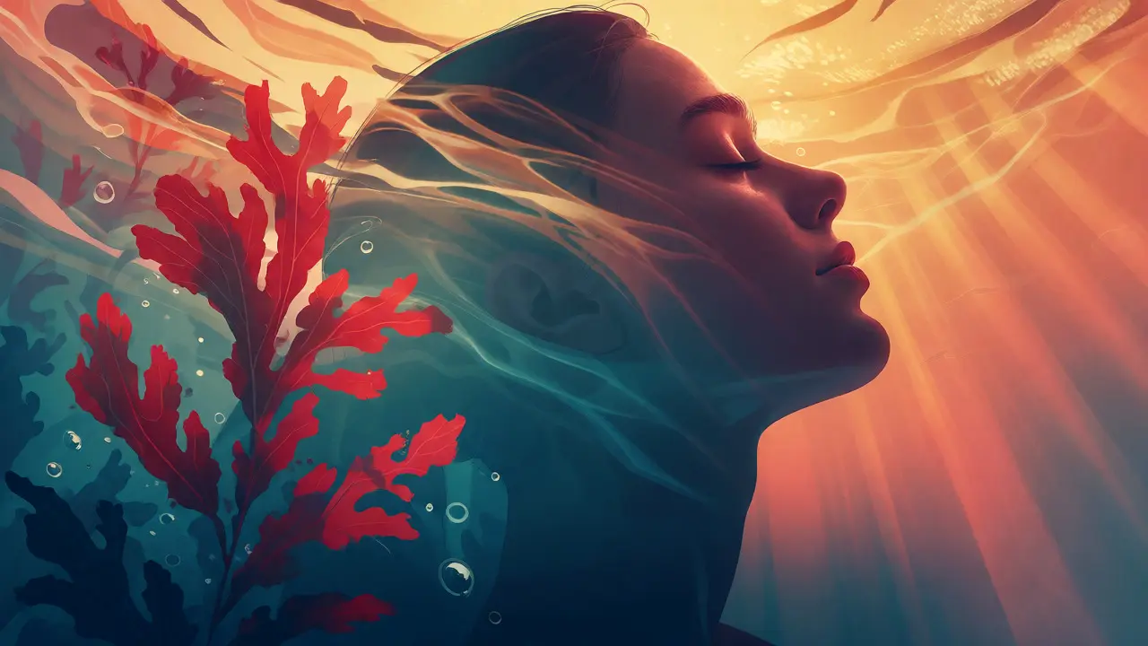 Double exposure of a relaxed person overlaid with red seaweed and ocean bubbles.