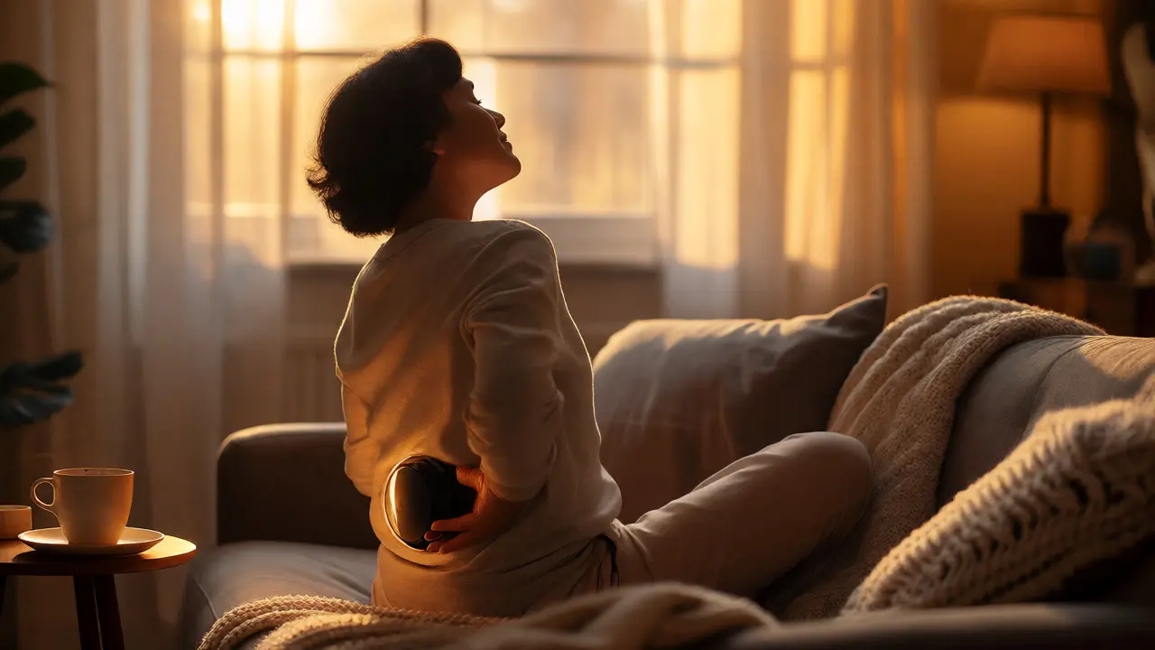Individual relaxing on a sofa using a handheld massager for evening stress relief.