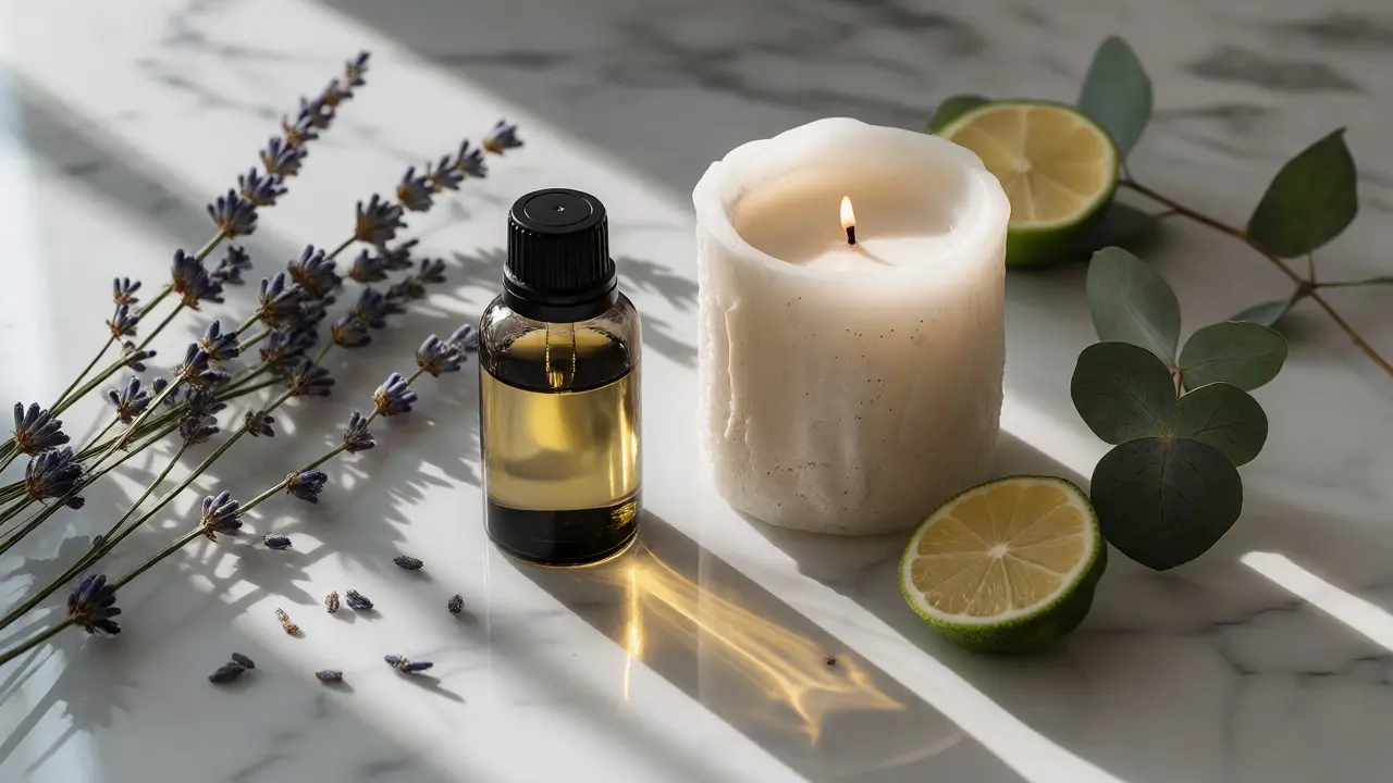 Minimalist still life of massage oil, candle, and botanicals
