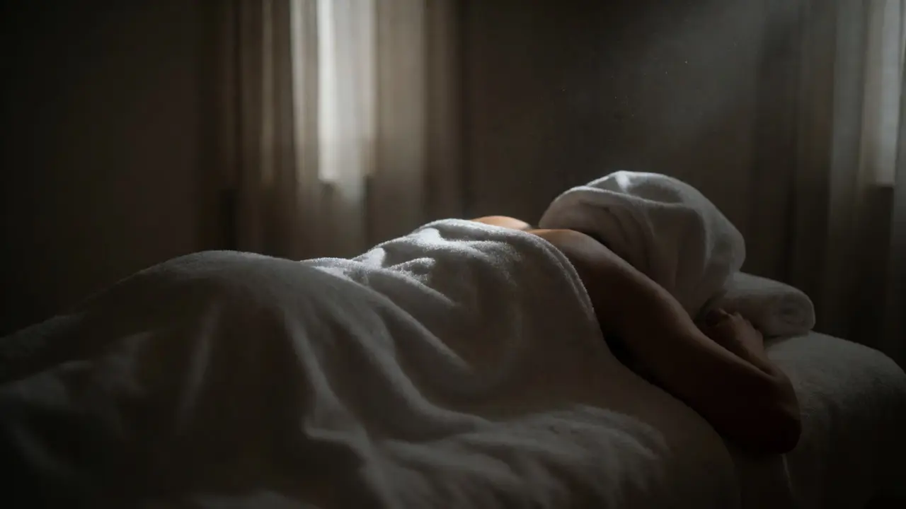 Person resting face-down on a massage table in a quiet, sunlit room