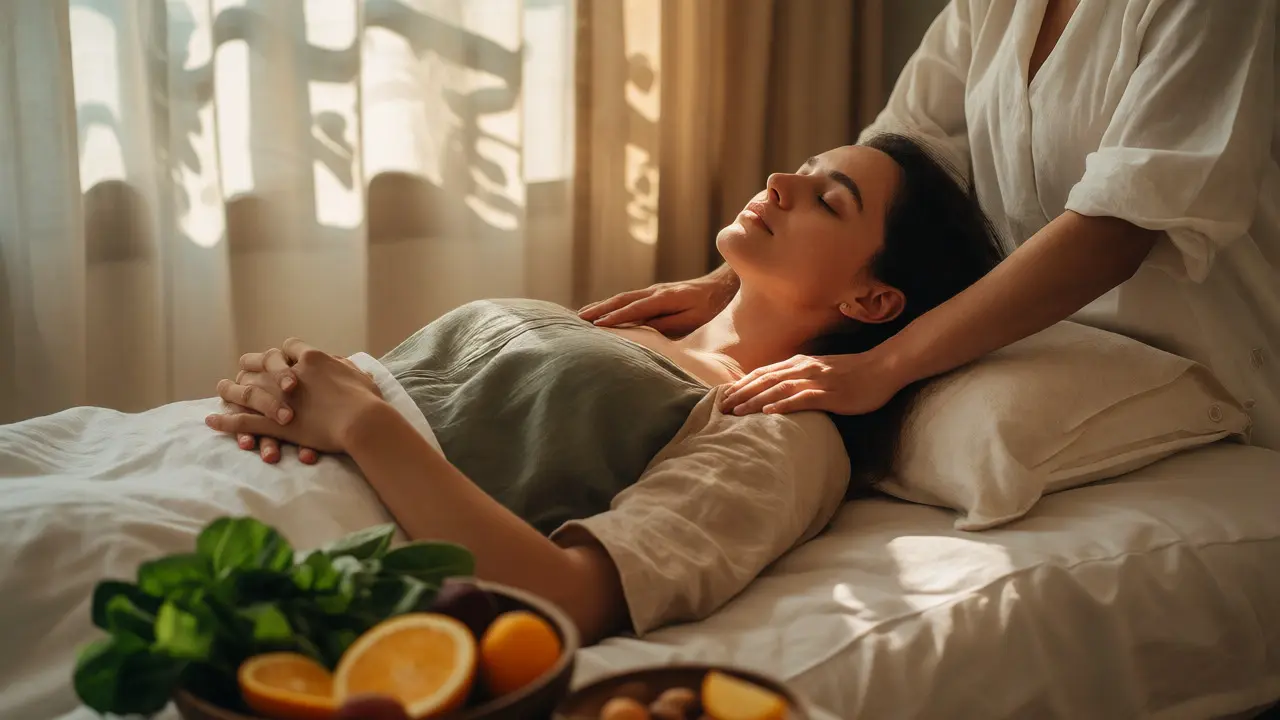 Practitioner using light touch during a polarity therapy session in a sunlit, tranquil room.