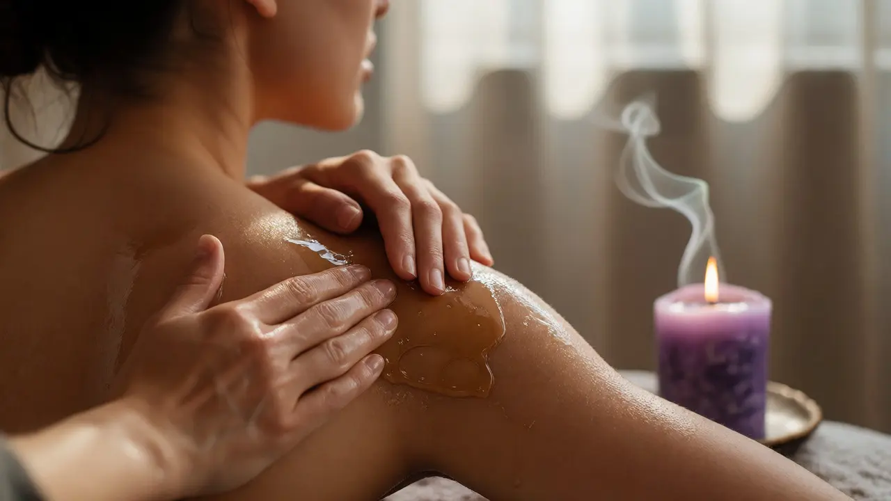 Shoulder massage with oil beside a burning lavender candle
