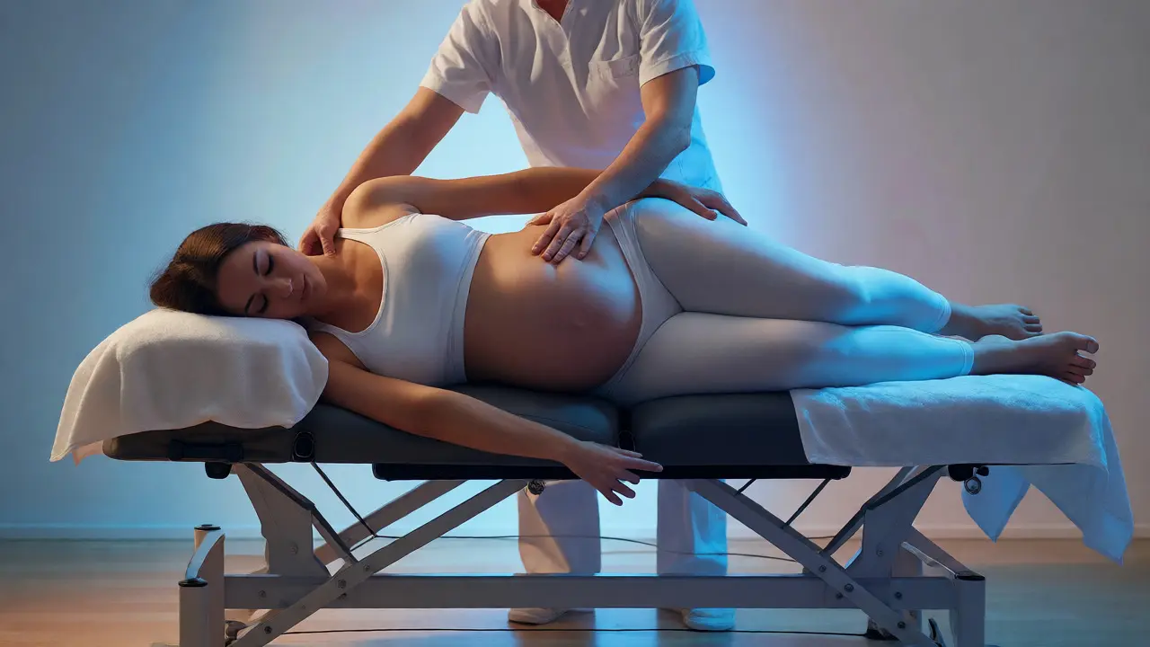 Therapist performing side-lying prenatal massage on specialized table