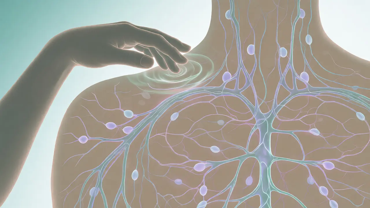 Anatomical view of glowing lymphatic vessels and nodes under a therapist's hand