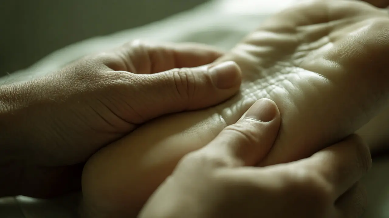 Close-up of hands applying thumb pressure to the ball of a foot