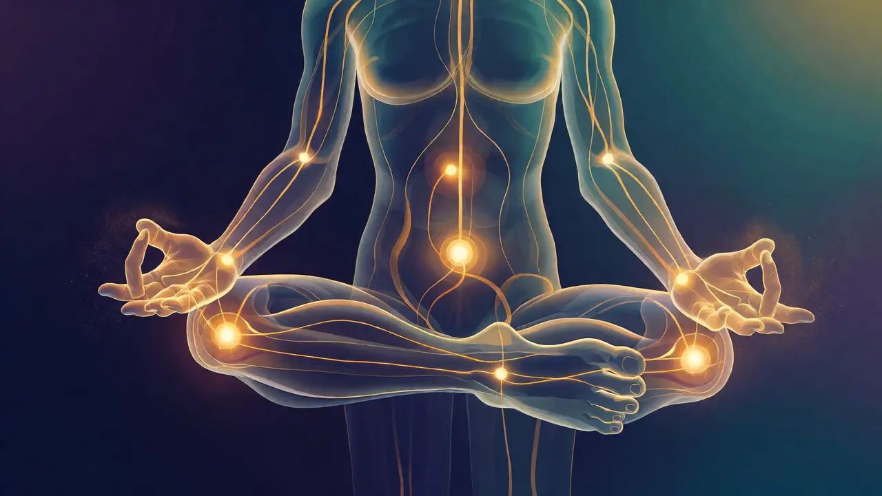 Conceptual art showing glowing meridian lines and acupressure points on a human silhouette.