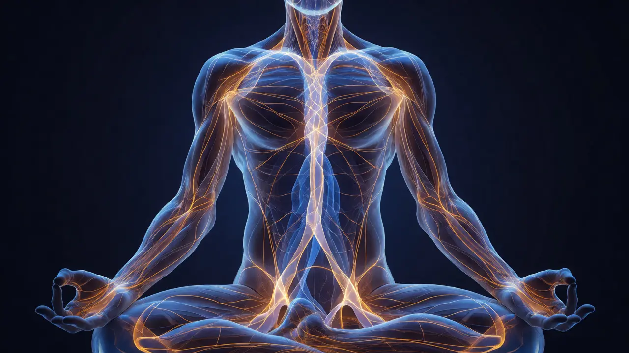 Glowing energy lines illustrating sib sen pathways flowing through a human body