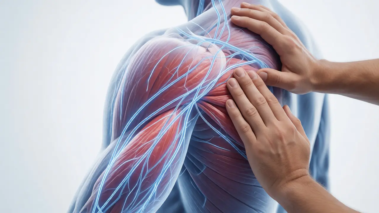 Medical illustration of therapist pressing on shoulder to release nerve compression.