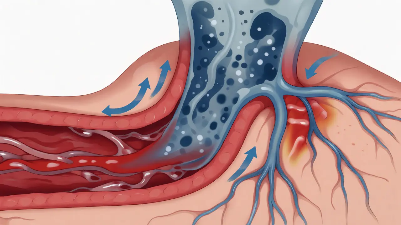 Medical illustration showing blood flow and fluid displacement in muscle tissue during compression.